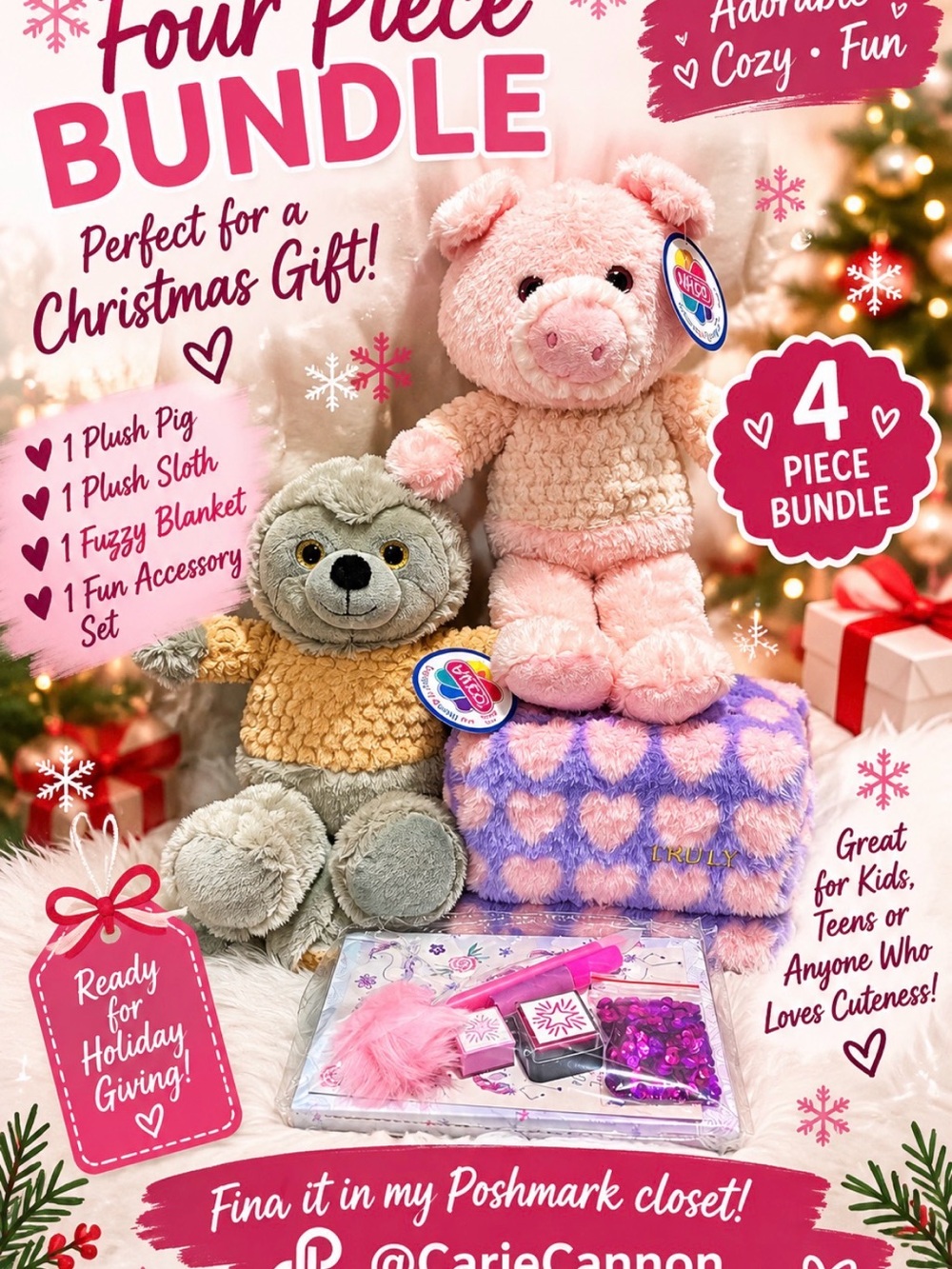 Plush Pig & Sloth 4-Piece Holiday Bundle - Pink & Gray nwt